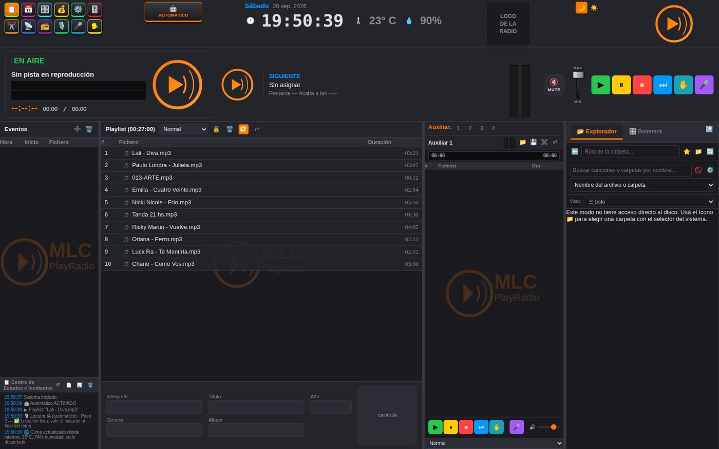 Pantalla principal de MLC PlayRadio: tema en aire, lista de reproducción, eventos, auxiliares y explorador