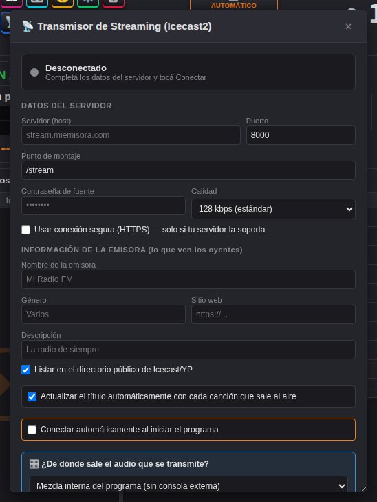 Transmisor de streaming con los datos del servidor