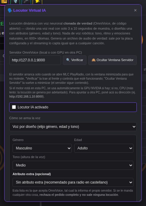 Panel del Locutor IA con la configuración de la voz