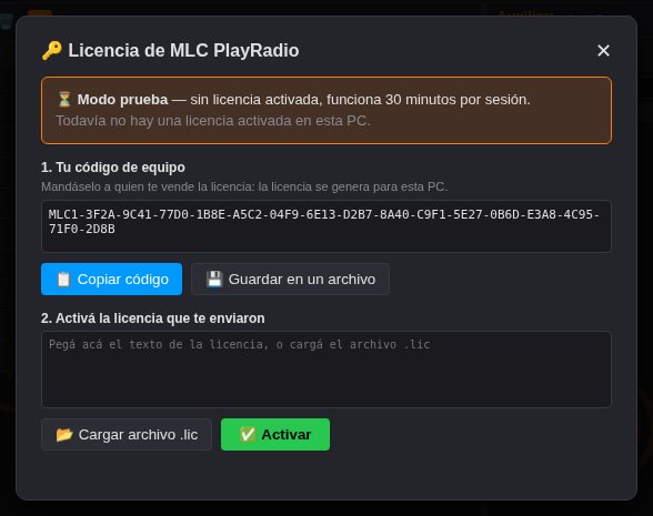 Ventana de licencia con el código de equipo y el lugar para activar